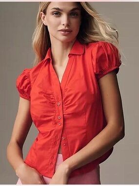 Maeve Red Puff-Sleeve Button-Front Blouse